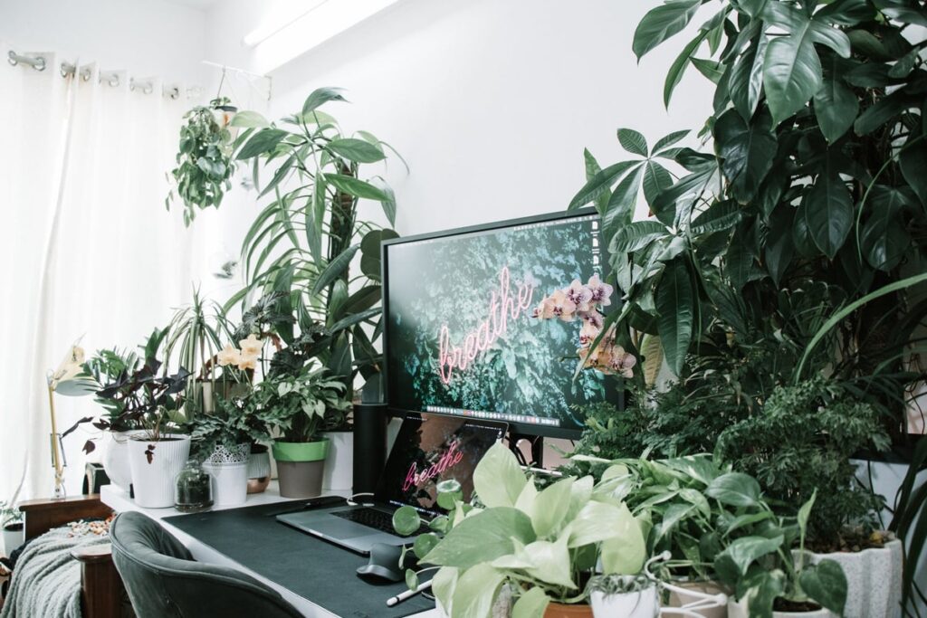 Home office surrounded with green plants